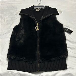 Baby Phat Black Faux Fur Vest with Gold Accents